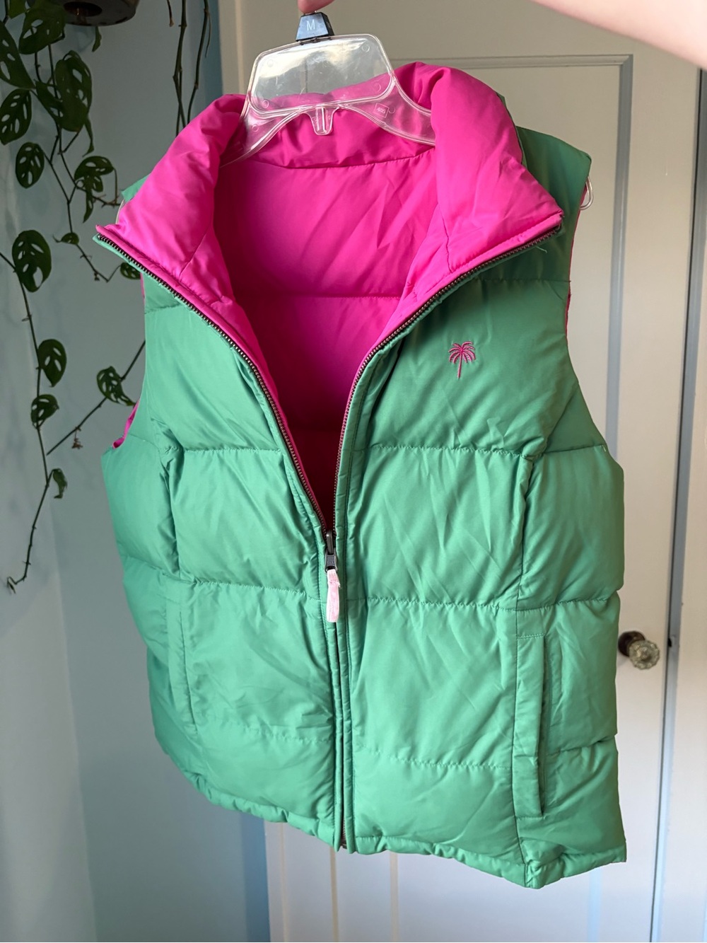 Lilly Pulitzer Reversible Duck Down Puffer Vest Kelly Green Hot Pink Preppy